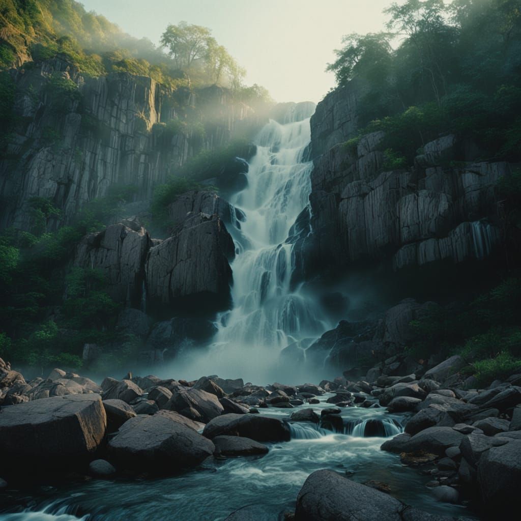 Rocky Waterfall in Cinematic Film Style