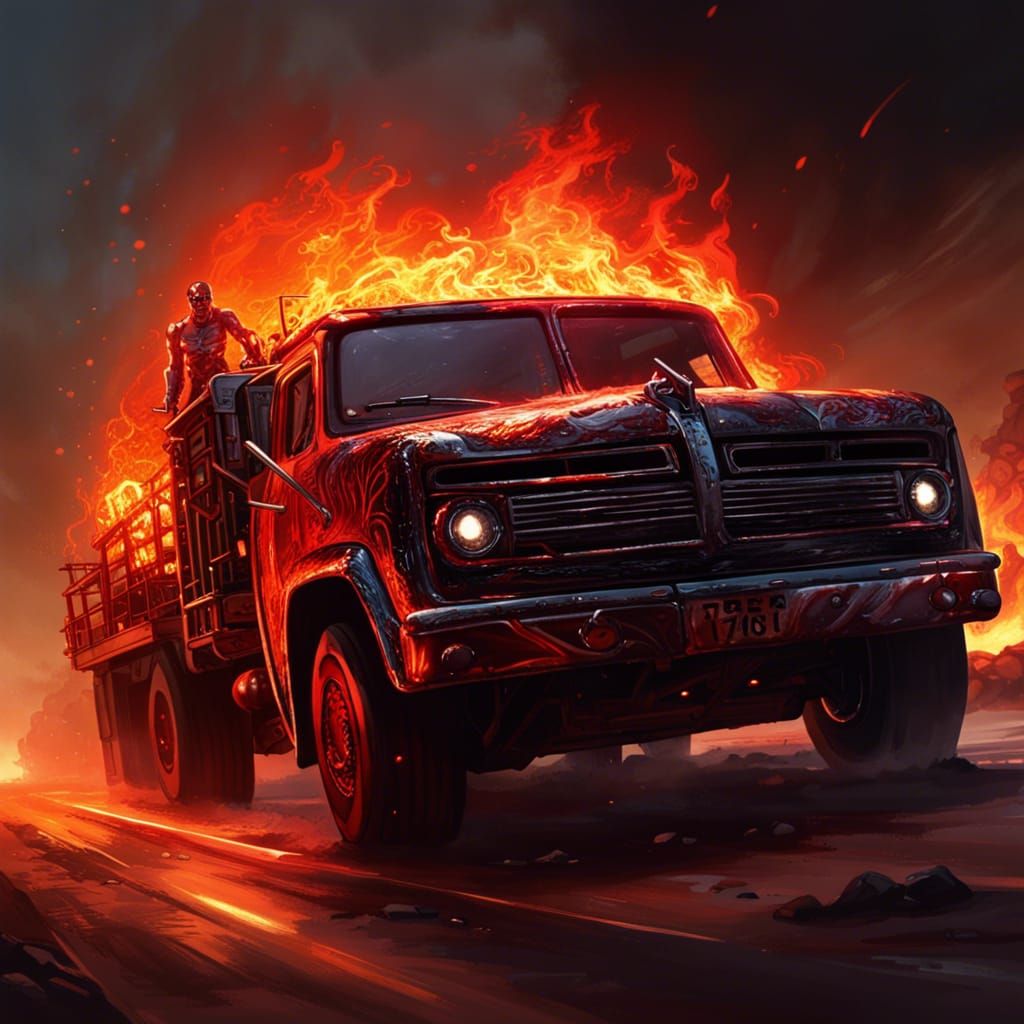 Terminator Driving Flaming Truck, Dark Fantasy Art