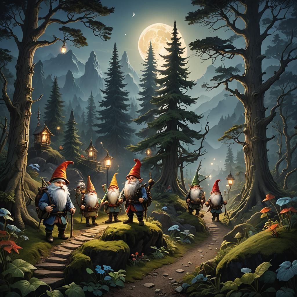 Gnomes' Moonlit Forest Adventure Under Full Moon