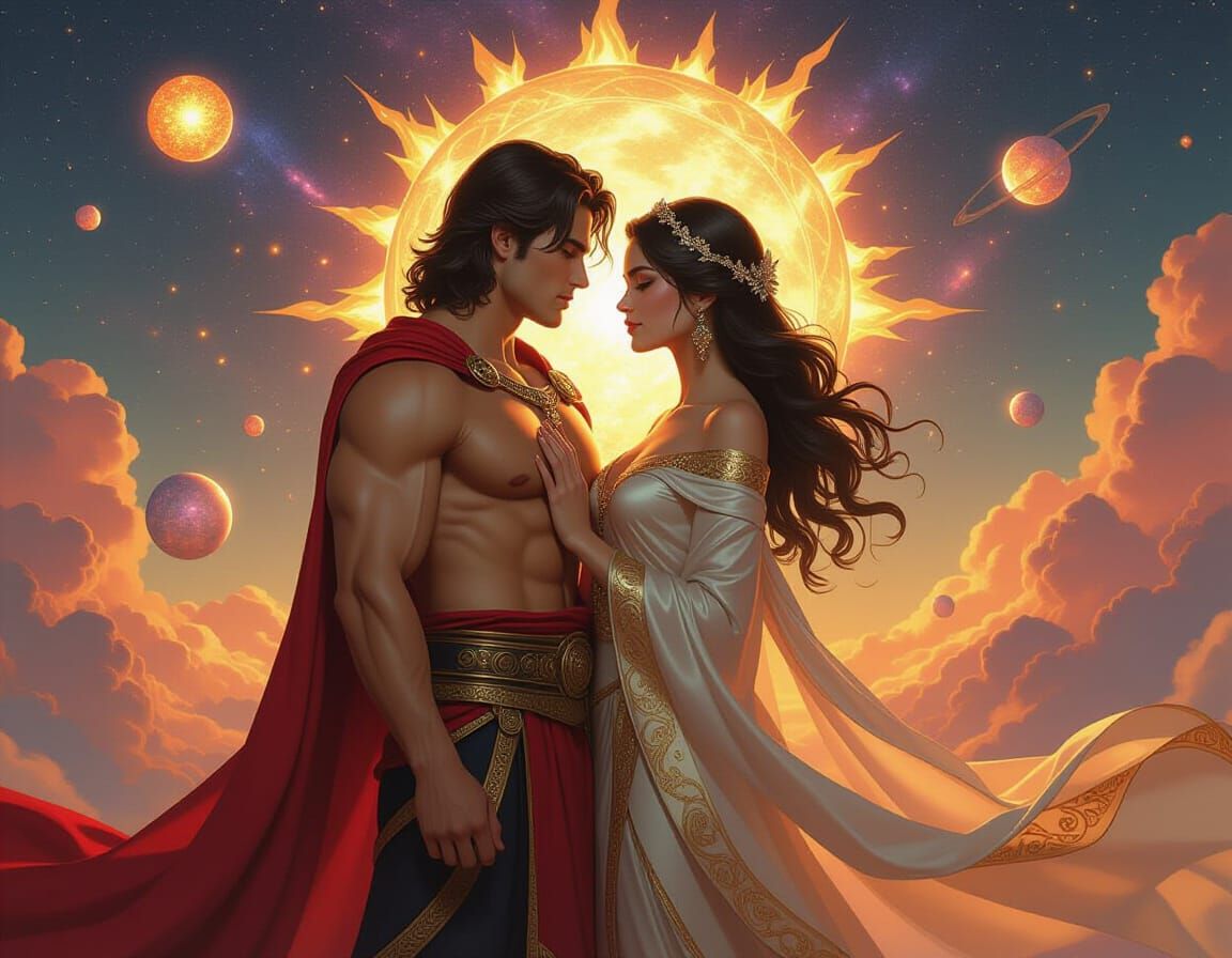 Cosmic Couple's Passionate Gaze in Regal Digital Art
