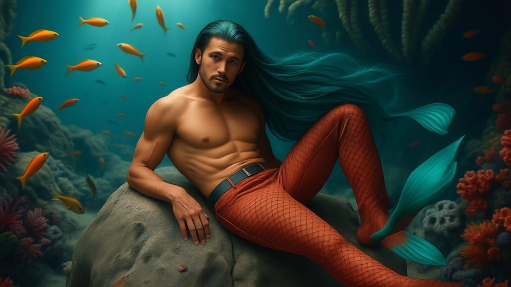 Merman Lounging in Vibrant Coral Reef