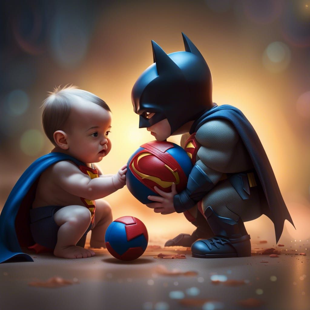 Adorable Baby Batman and Superman Playing Ball