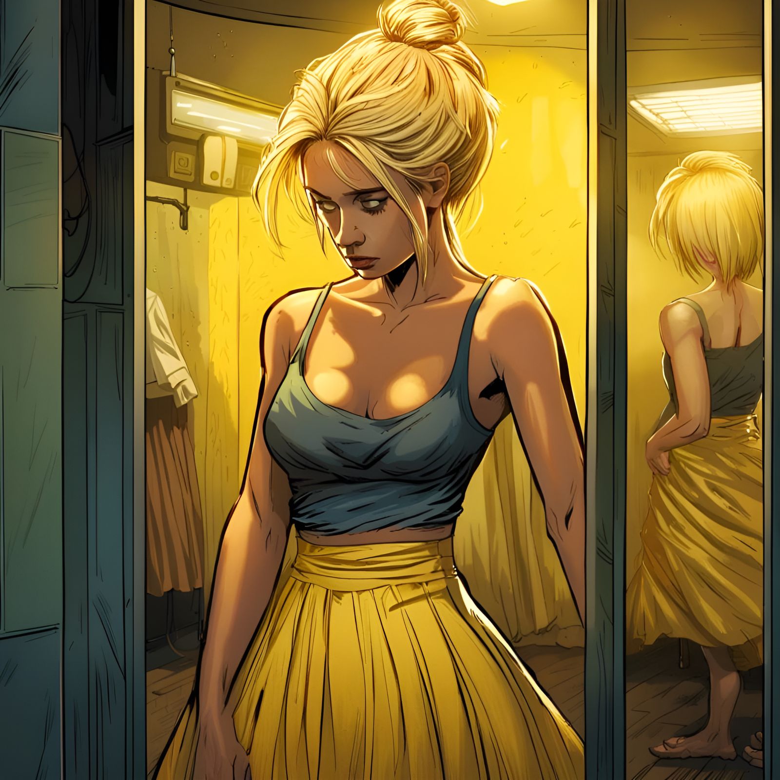 Sad Woman in Changing Room, Comic Style