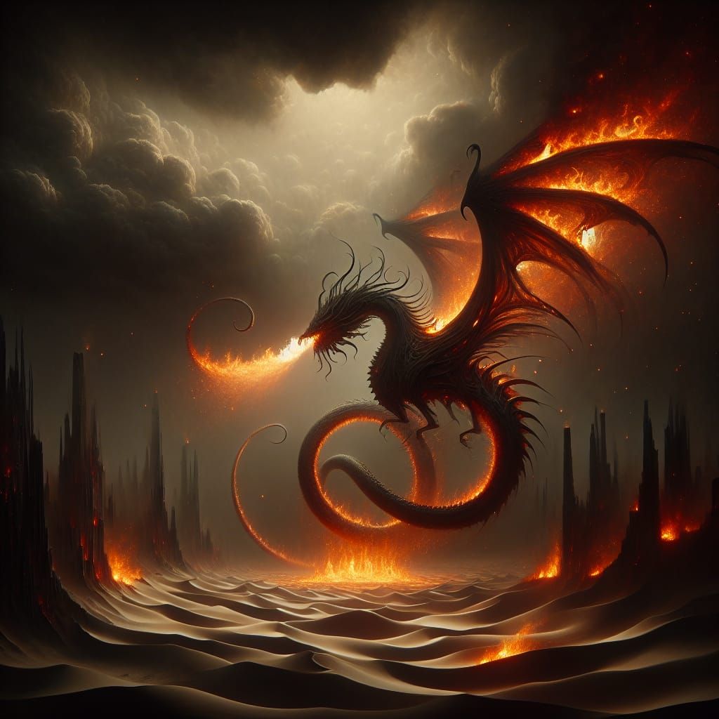 A dragon made of flame flies over a fiery desert