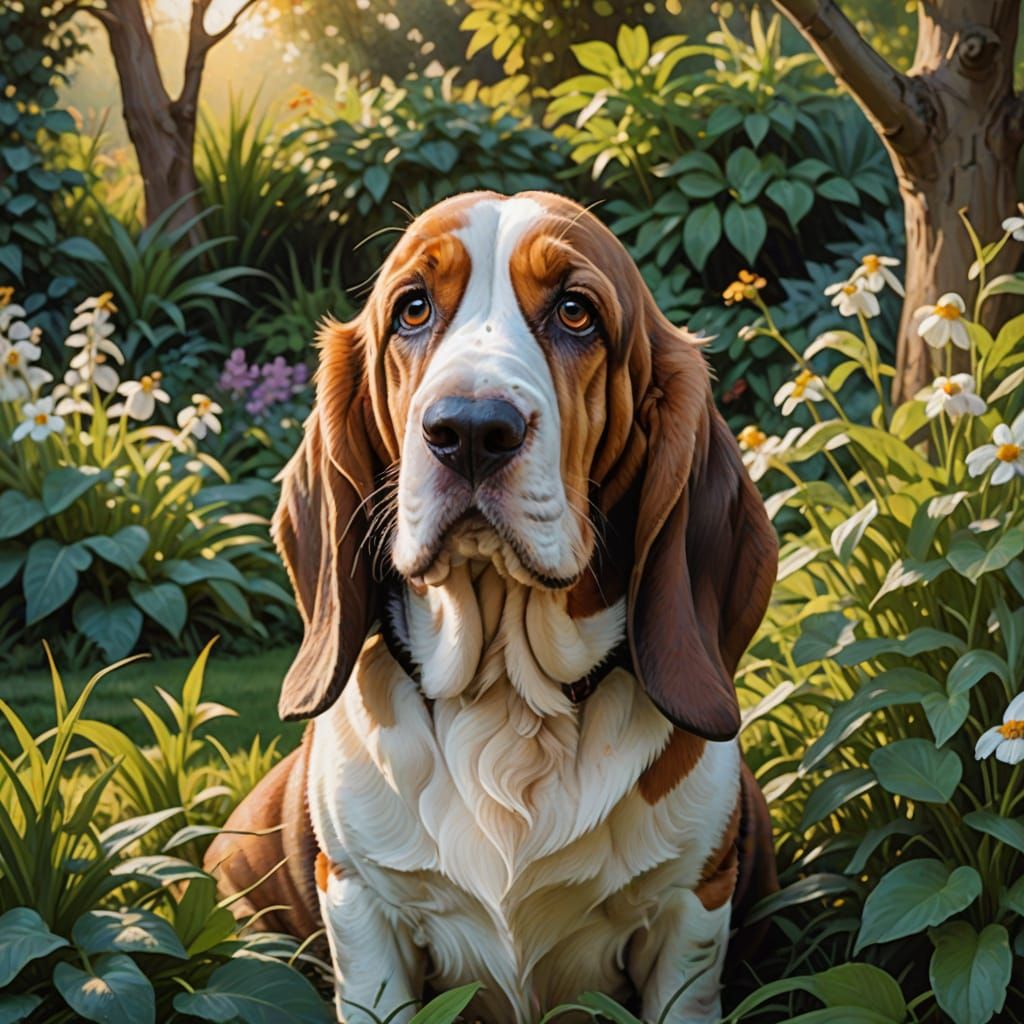 Droopy Basset Hound in Whimsical Garden Oil Painting