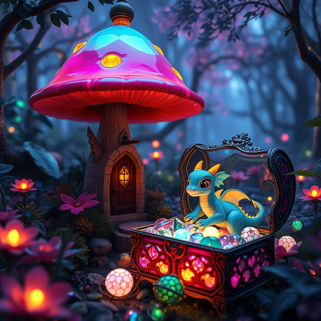 Fairy Mushroom House in Bioluminescent Forest