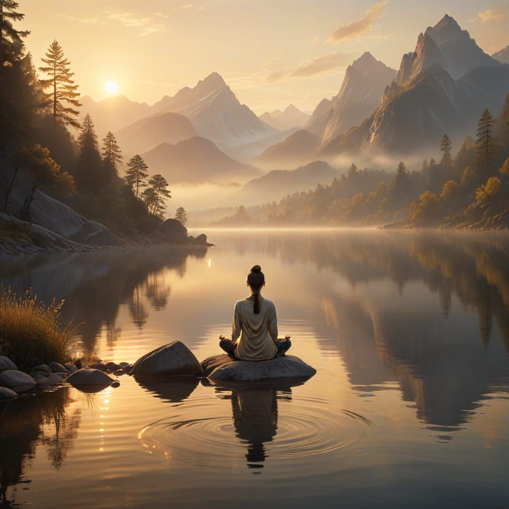 Meditating Figure by Sunrise Lake in Ethereal Glow