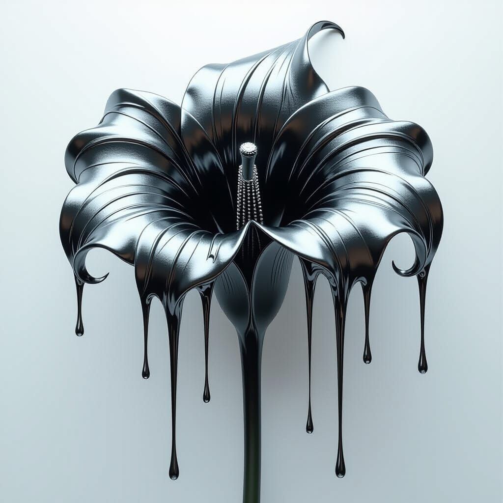 Silver Calla Lily Drips Molten Metal in Biomechanical Style