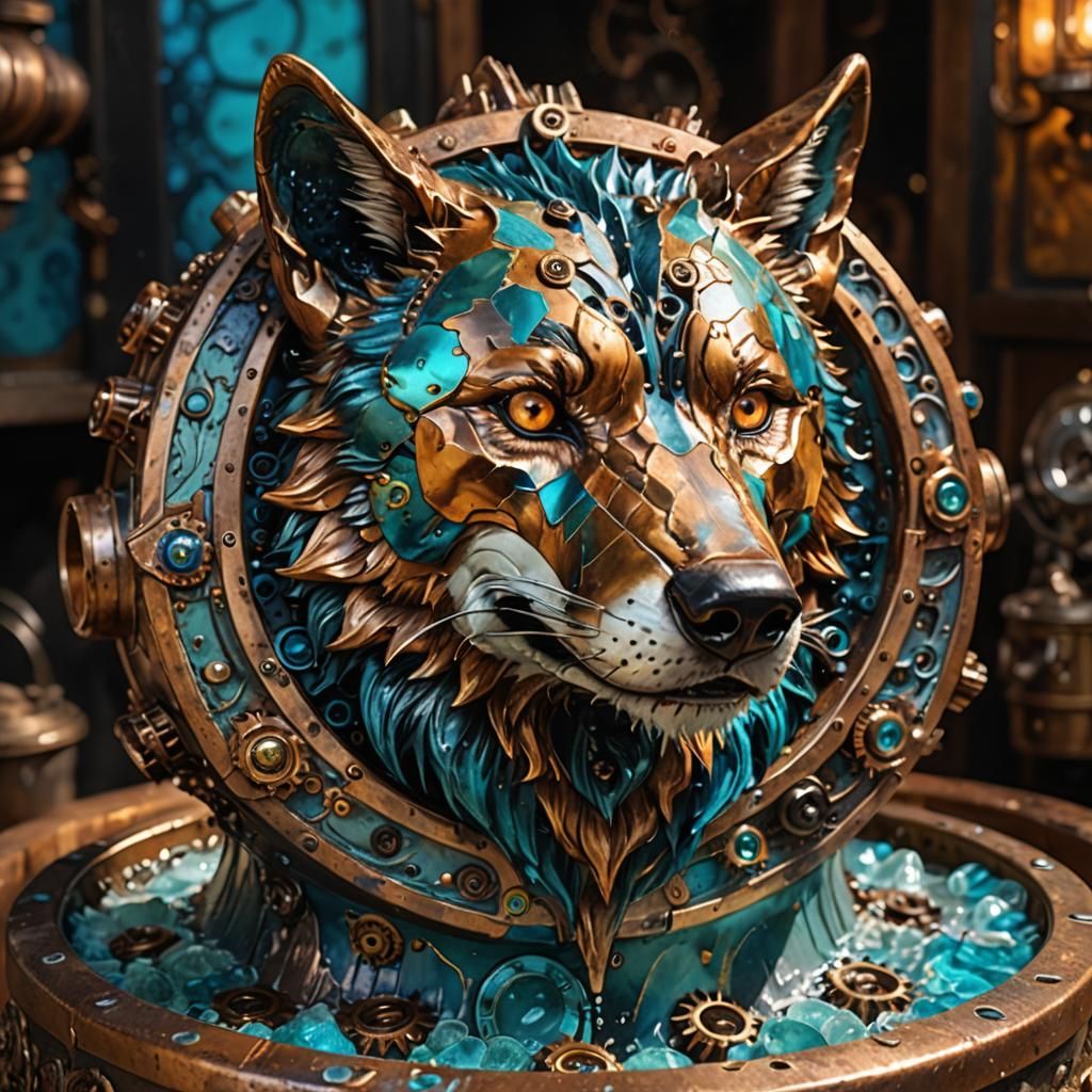 Steampunk Wolf Head in Copper Container