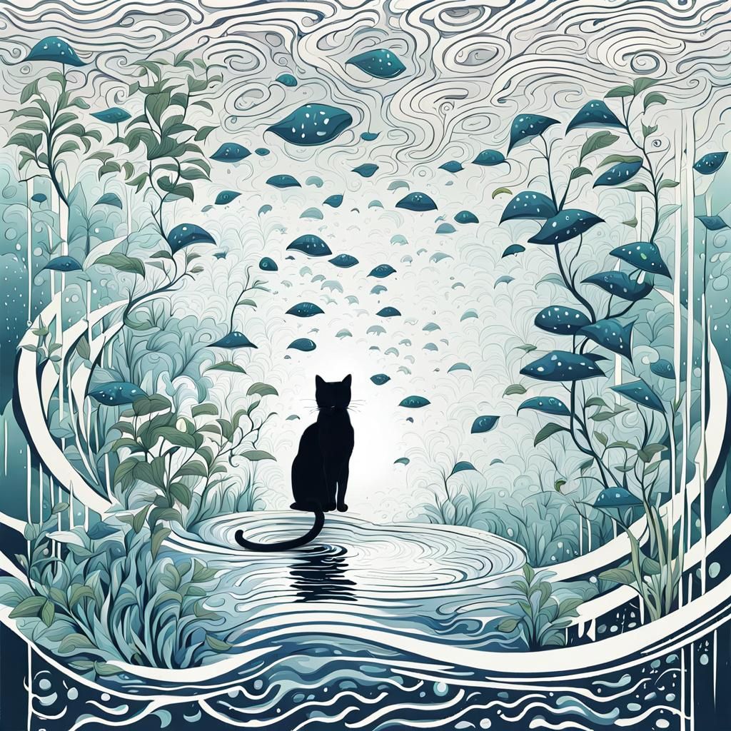 Surreal Cat Walking on Ceiling with Fractal Plants