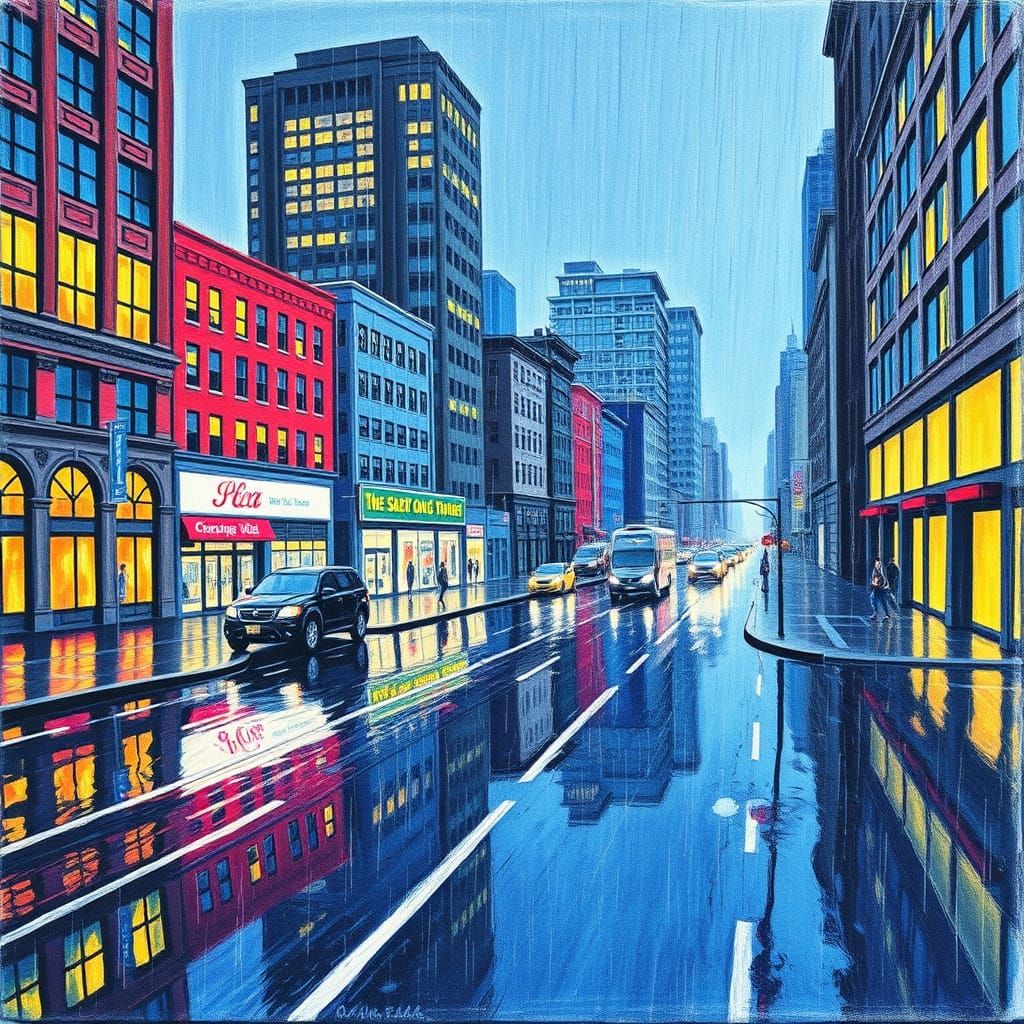 Rainy Cityscape Reflections in Hyper-Realistic Crayon Art