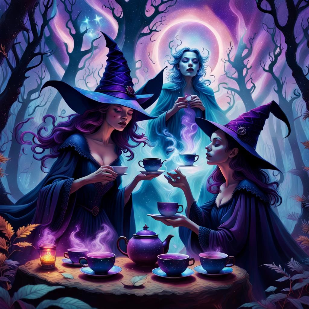 Mystical Forest Tea Party: Holographic Astral Illustration