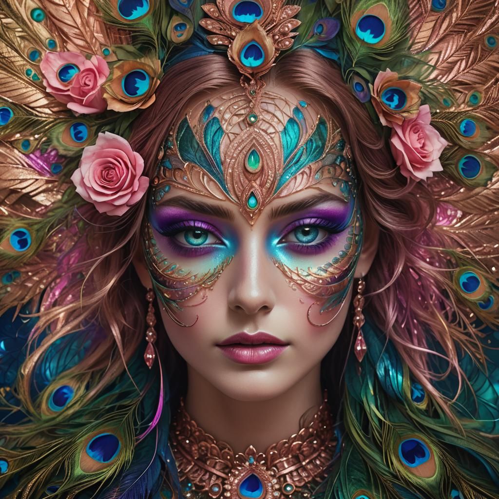 Iridescent Woman with Peacock Feathers, Digital Art