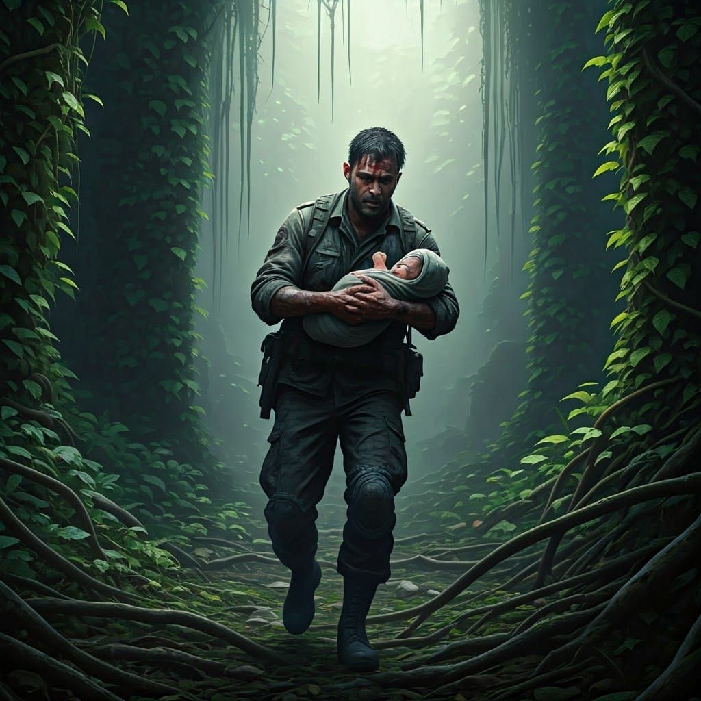 Soldier and Baby in Jungle, Hyperrealistic Style
