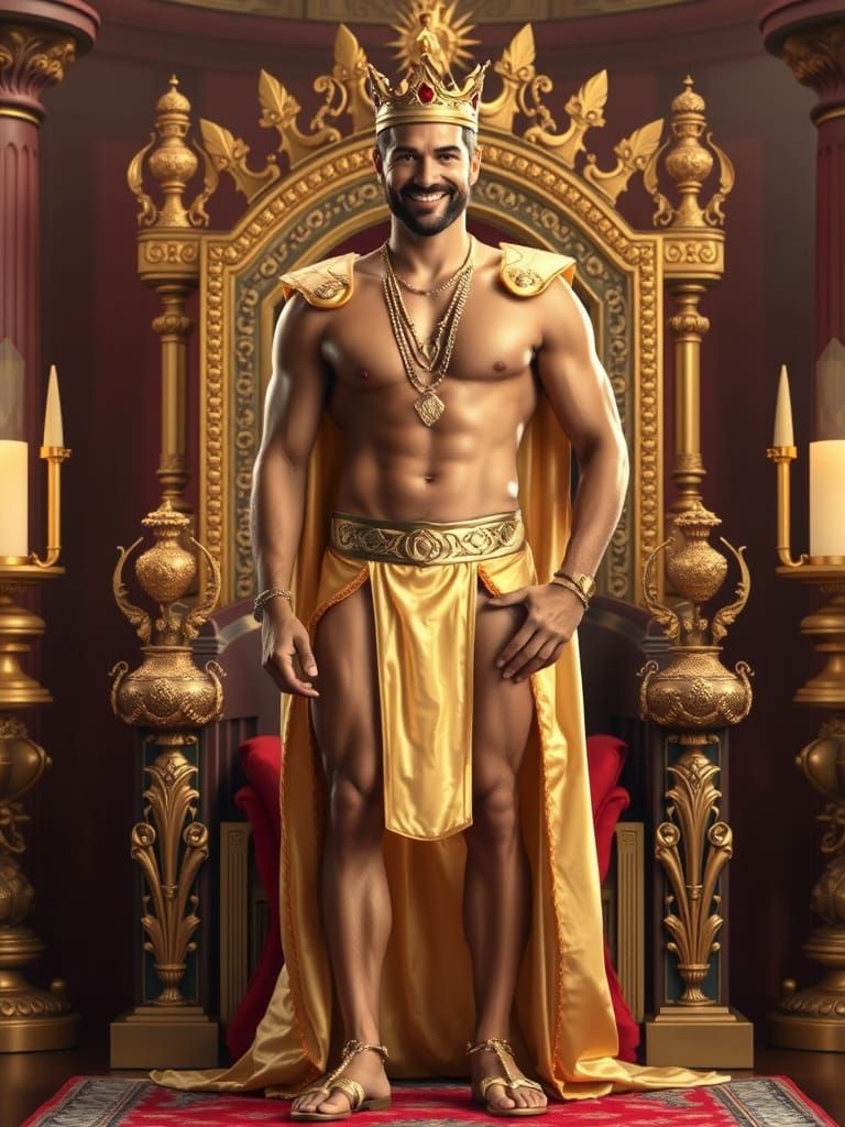 Strong King Poses Proudly in Gold Underwear and Jewelry