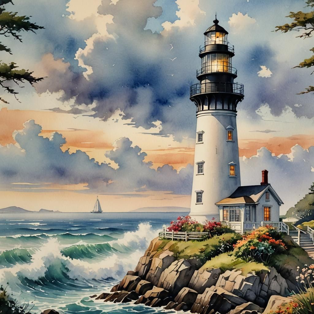 Lighthouse on Beach in Romantic Watercolor Style