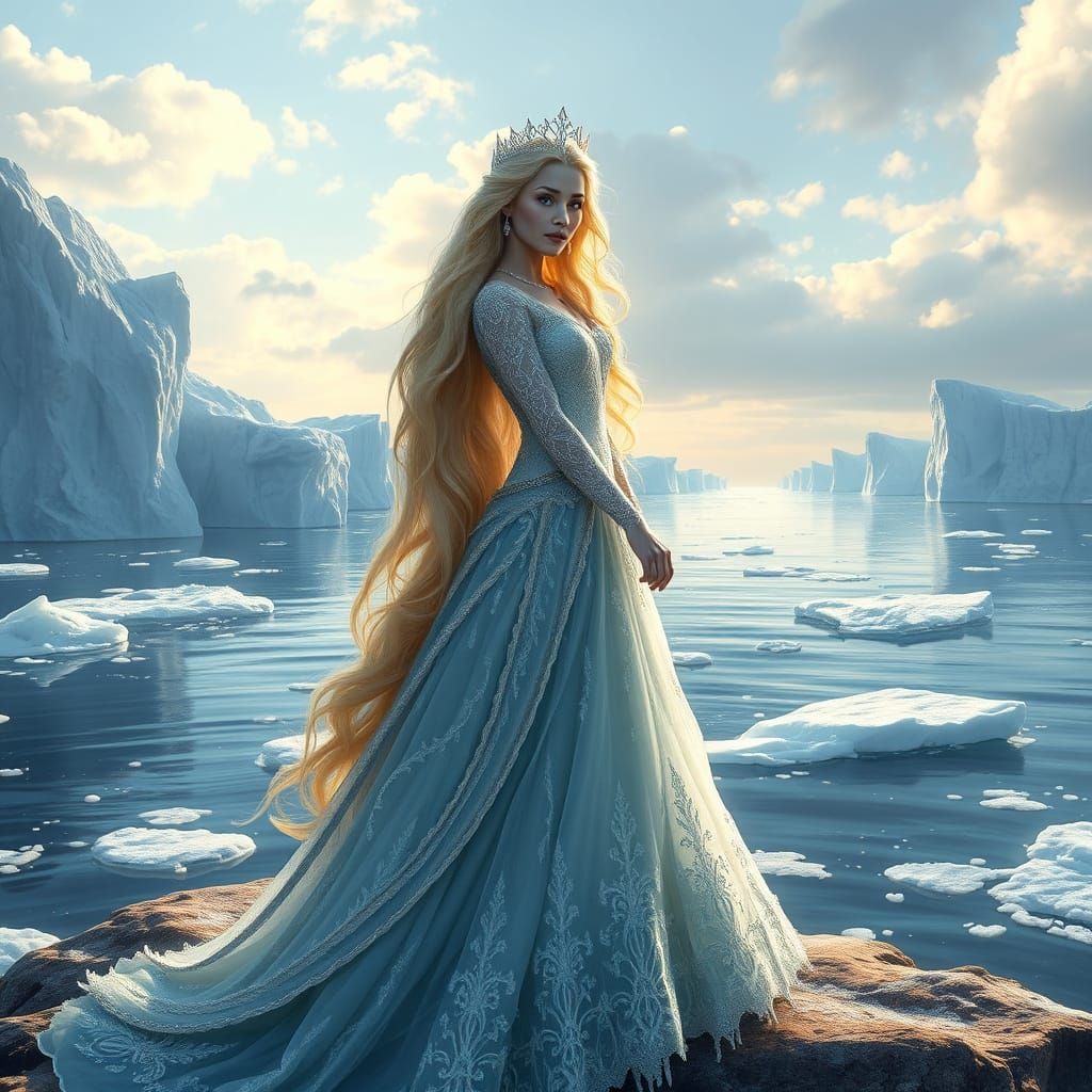 Majestic Ice Princess Standing at Ocean's Edge