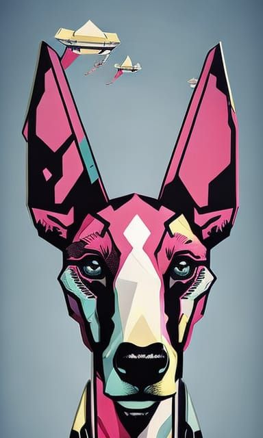 Greyhound Kawaii Poster in Retro Futurism Style