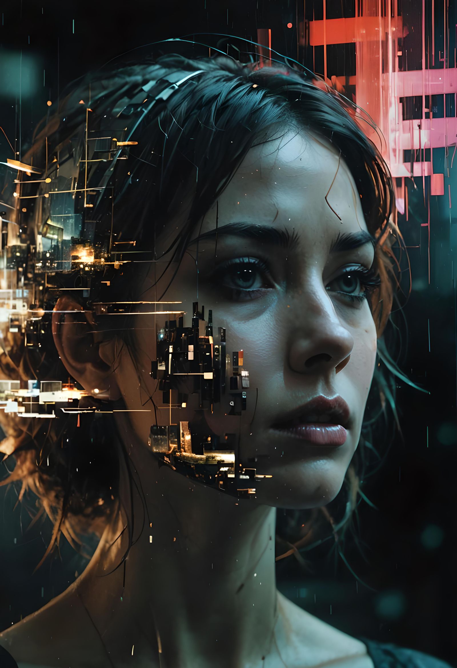 Glitched Neon City Double Exposure