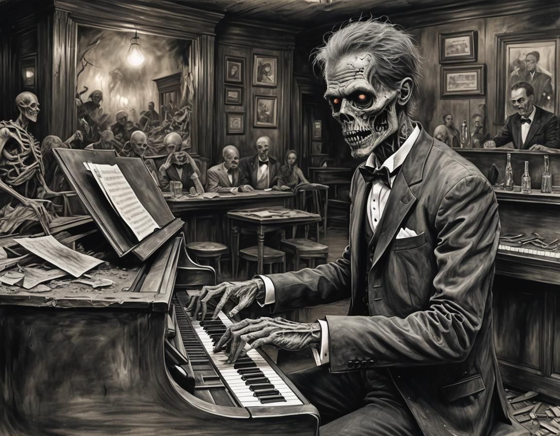 Zombie Pianist in Ruined Bar: Hyperdetailed Charcoal Drawing
