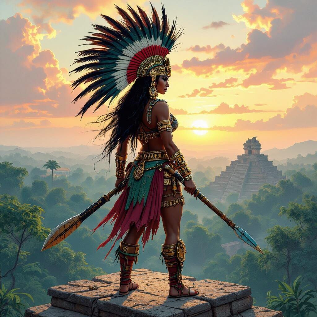 Aztec Warrior Queen Overlooks Jungle Dawn