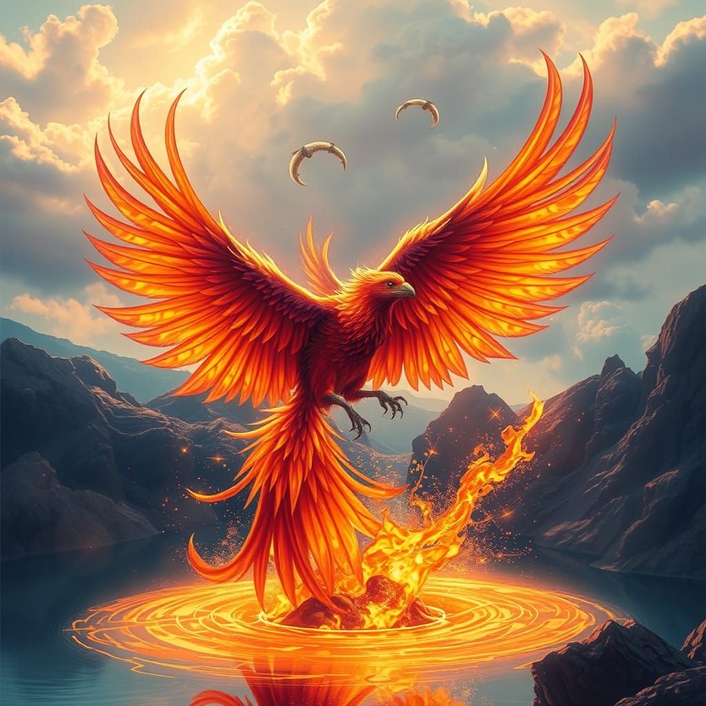 Phoenix Rising from Molten Gold Lake, Art Nouveau