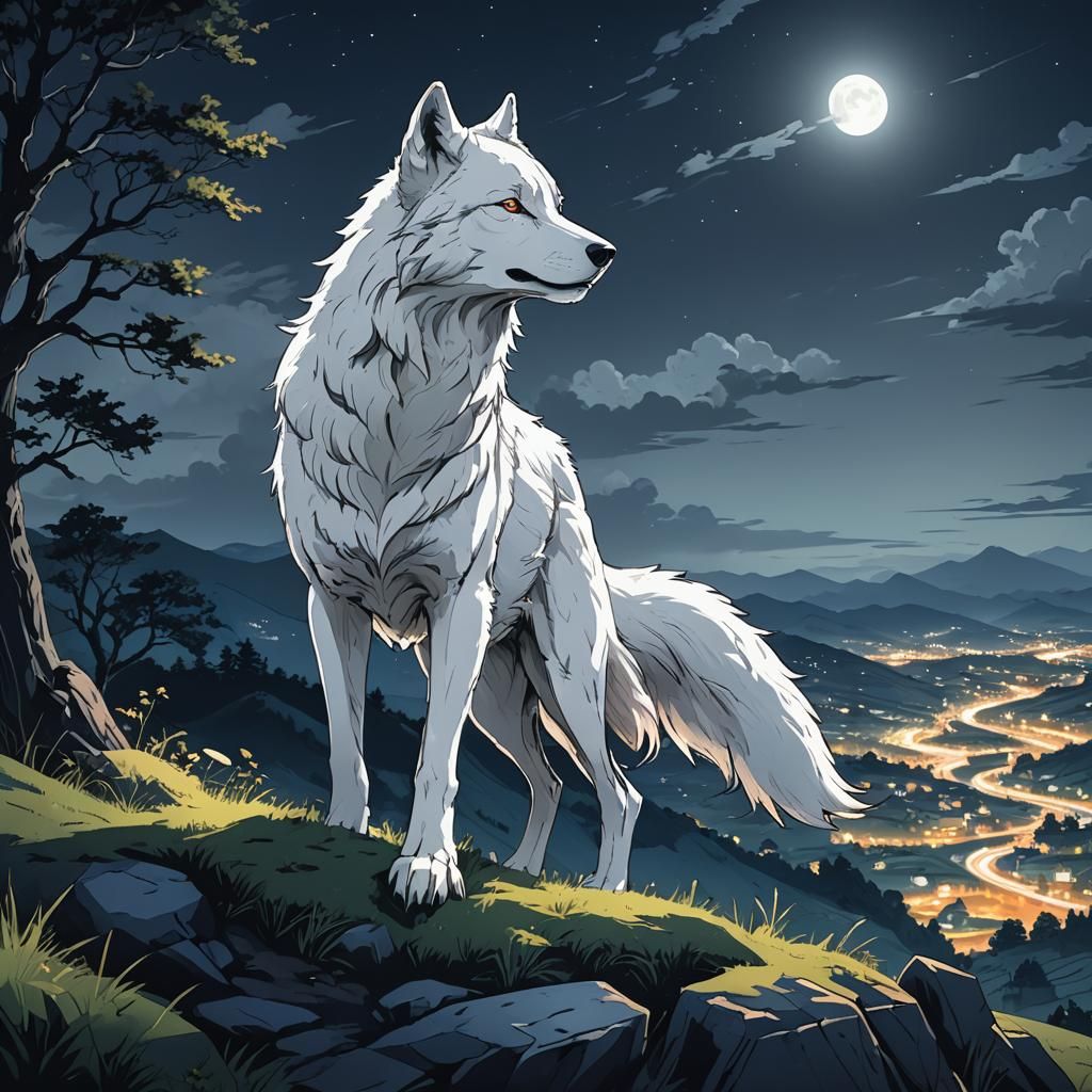 White Wolf on Hill at Night in Anime Style