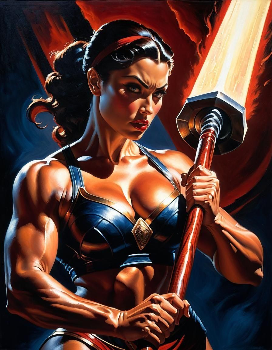 Strong Woman Lifts Maul in Frazetta Style