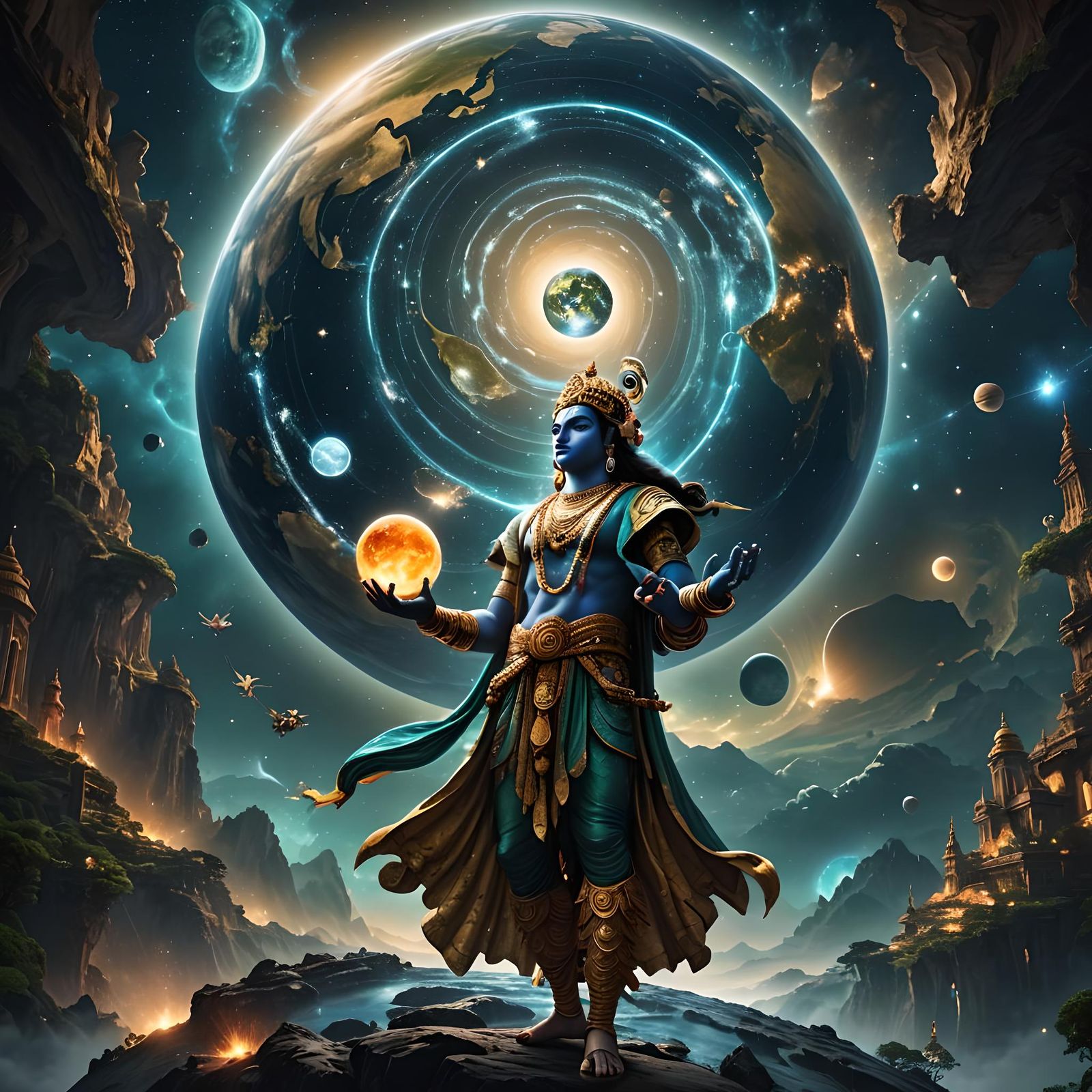 Lord Krishna holding the planet earth in hand with satellite flying around star’s bioluminescence Epic cinematic brillia...