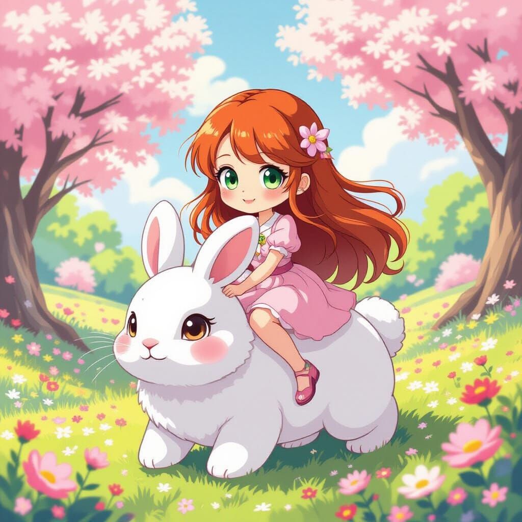 Chibi Woman Rides Giant Rabbit in Dreamy Landscape
