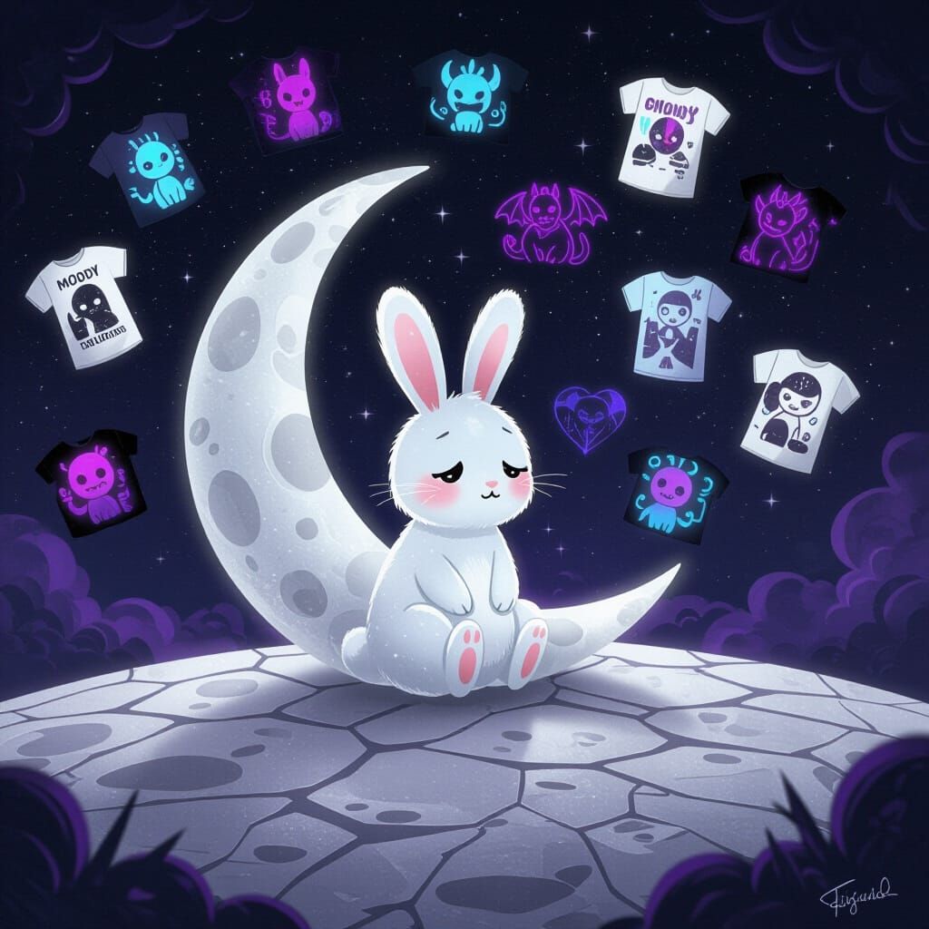 Melancholic Cosmic Bunny on Moon Amidst Floating Tees