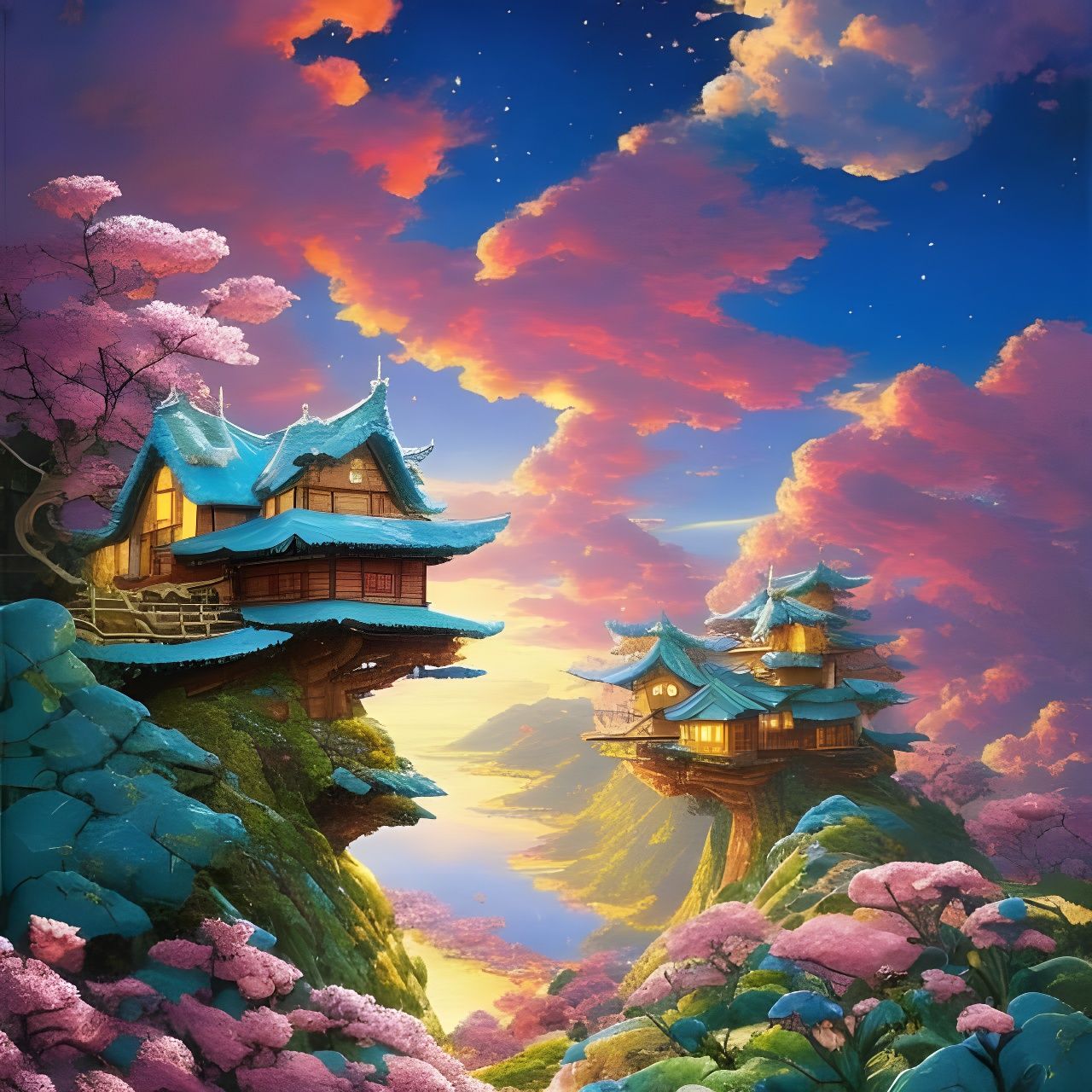 Fantasy Landscape with Whimsical Treehouse, Detailed Art