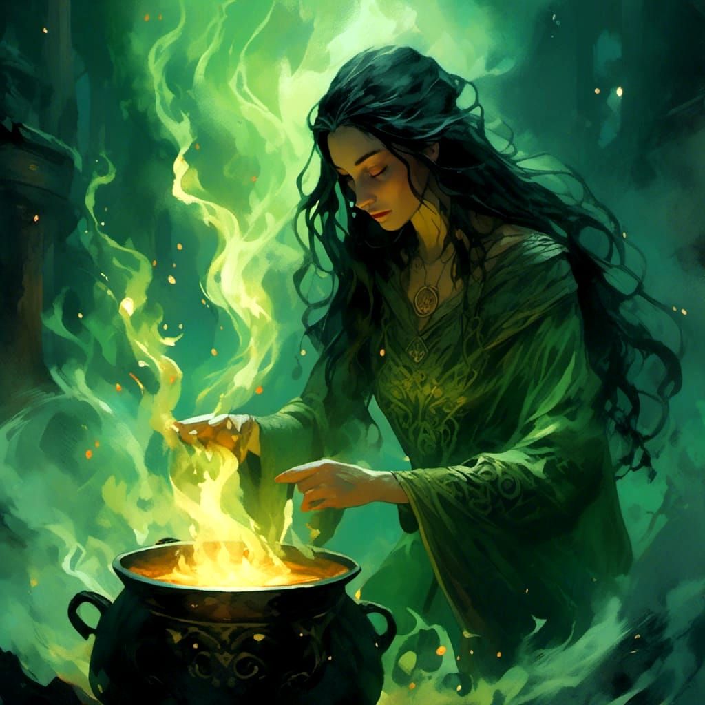 Elfish Woman Gazing Into Black Cauldron