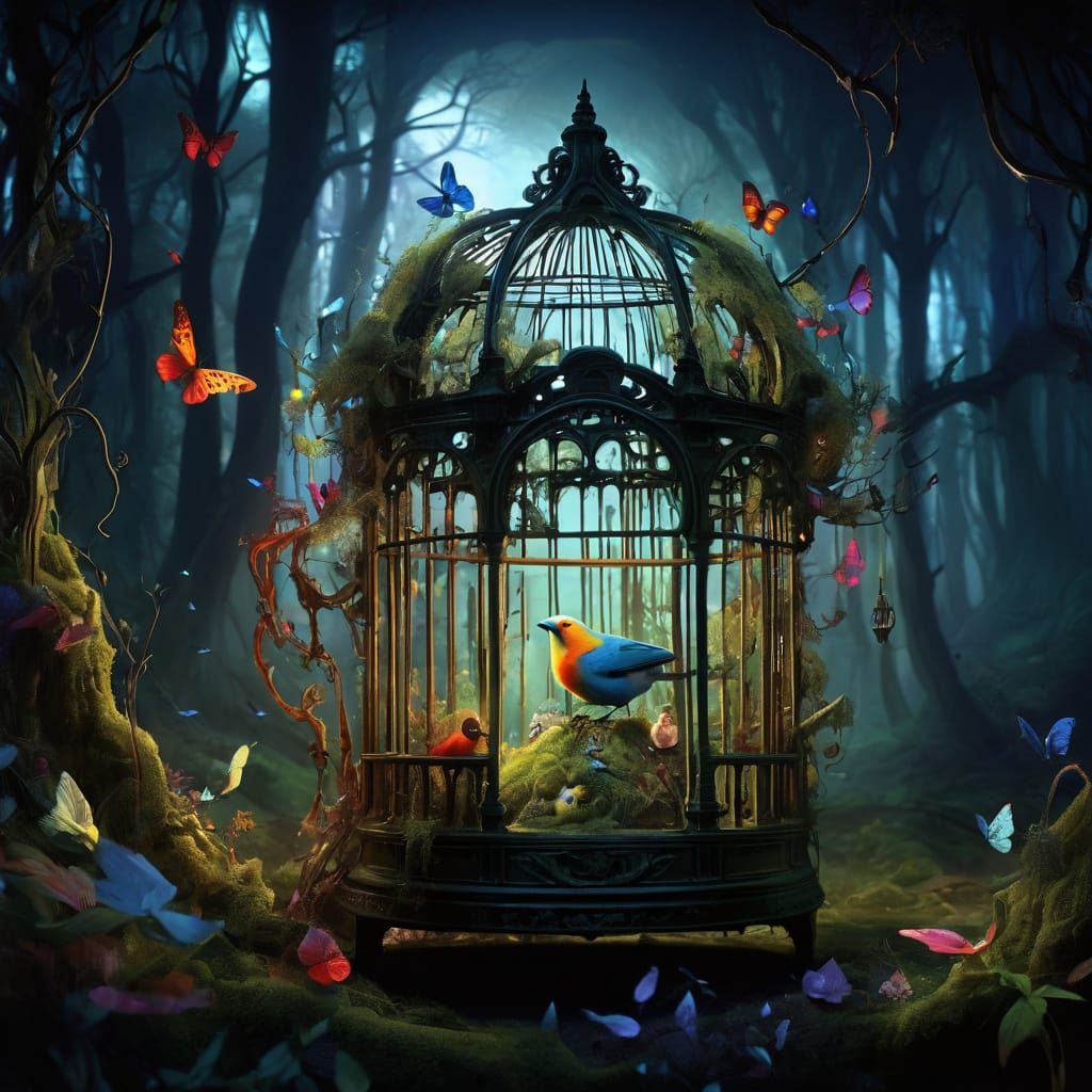 Enchanted Birdcage Forest: A Surrealist Vision
