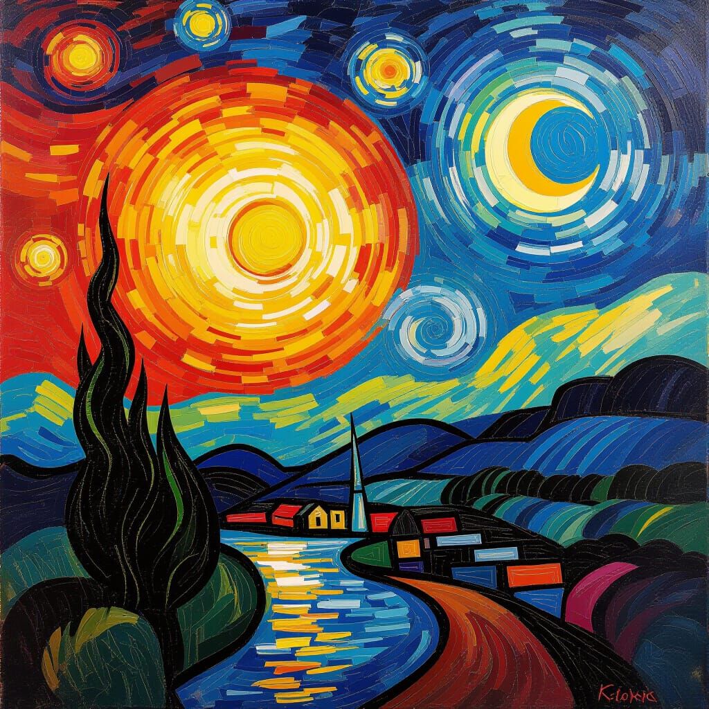 Sun and Moon Dance in Neo-Impressionist Oil Painting