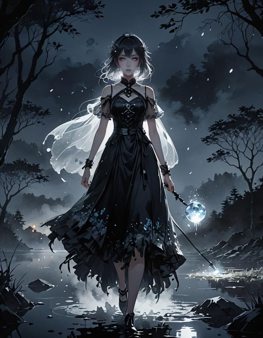 Eerie Anime Figure in Crystal Dress by Misty Lake