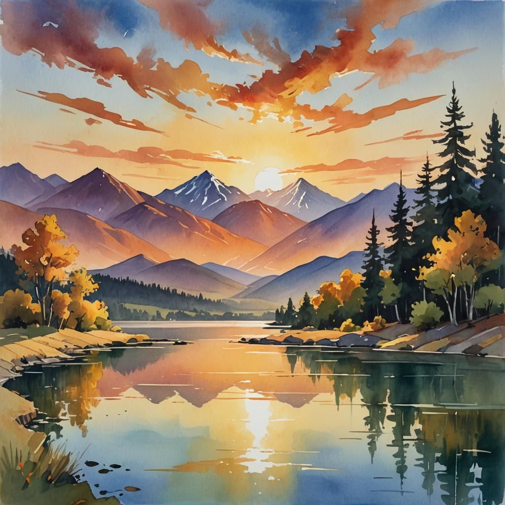 Sunset Landscape in Gouache Watercolor Style