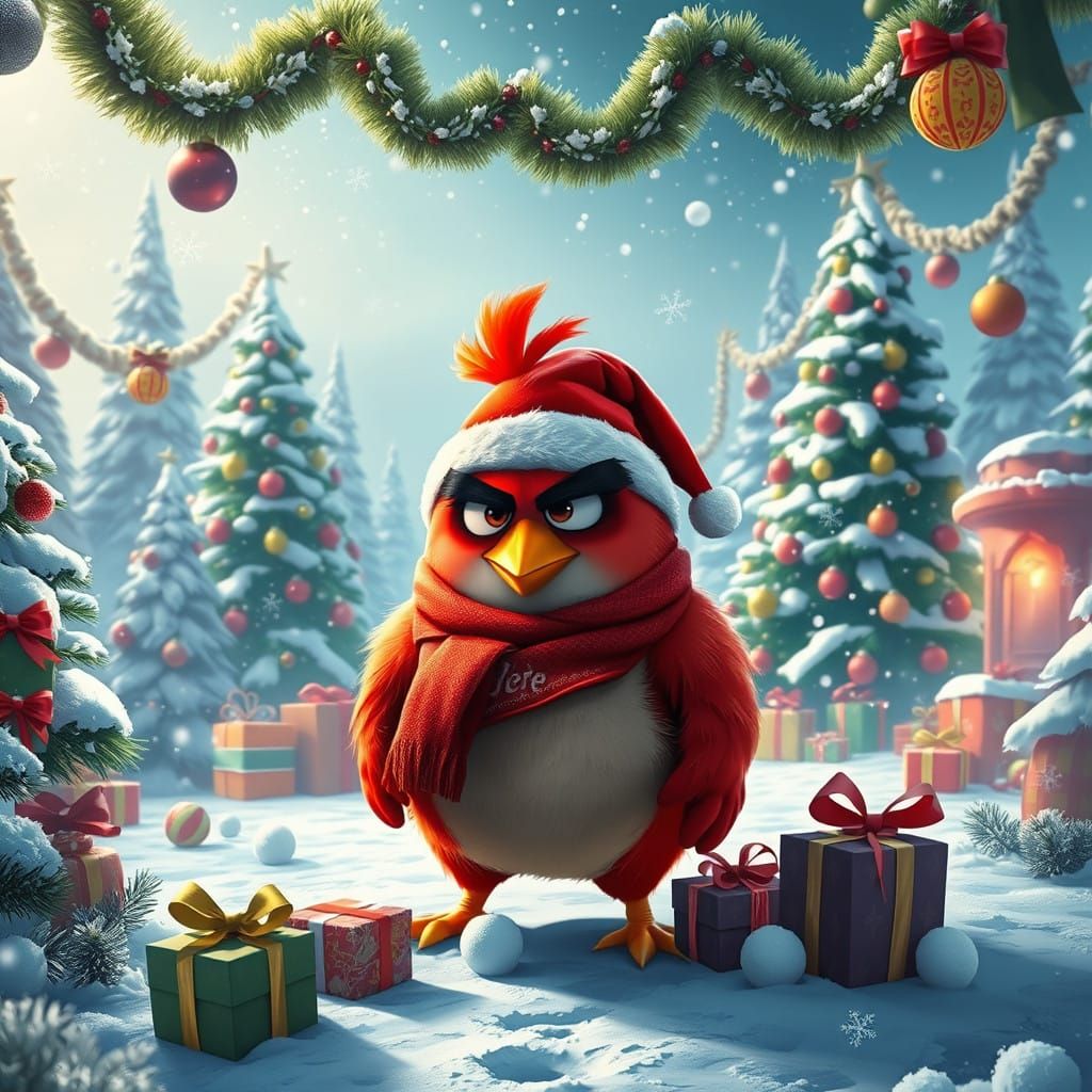 Angry Bird Wears Santa Hat in Winter Wonderland Scene