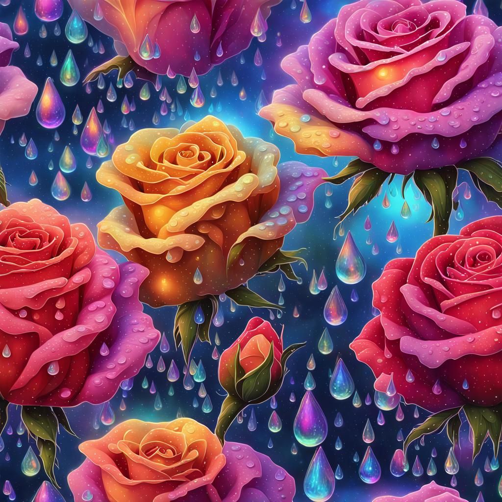 Holographic Roses with Raindrops in Astral Hues