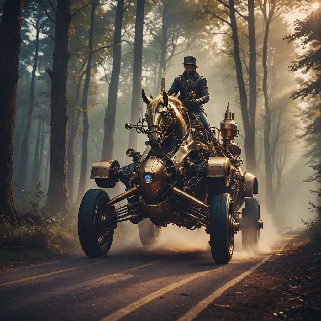 Steampunk Supercar with Mechanical Horse Legs in Misty Fores...
