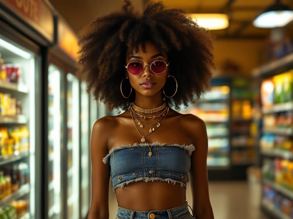 Confident Woman in Modern Convenience Store Aesthetic