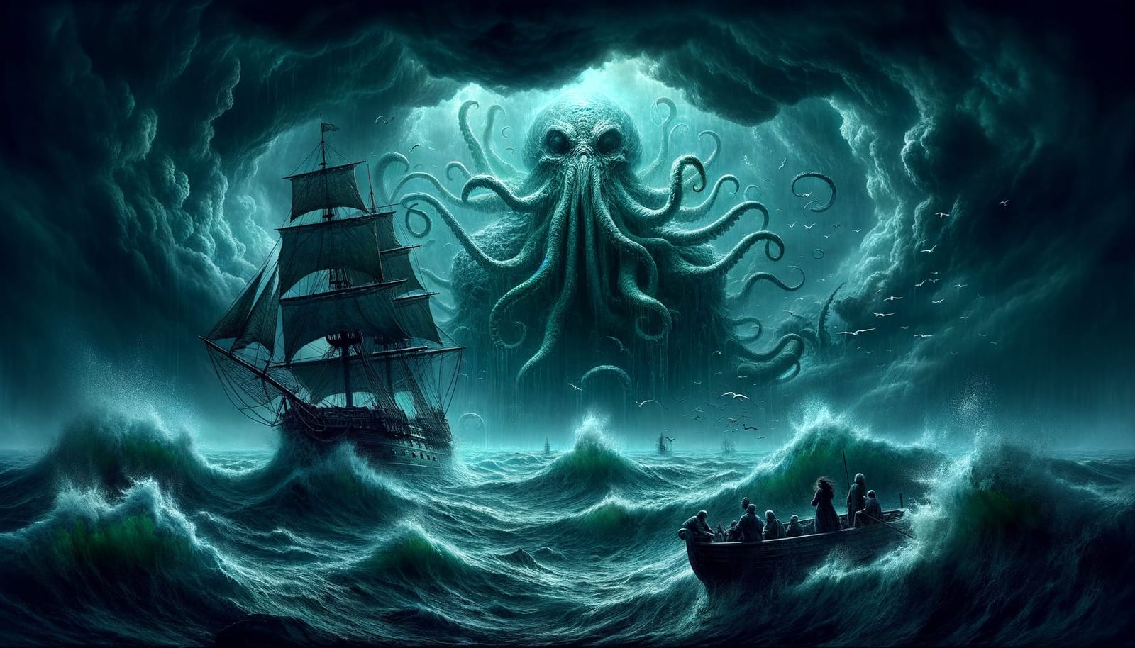 Cthulhu-like Entity Rising from Stormy Seas