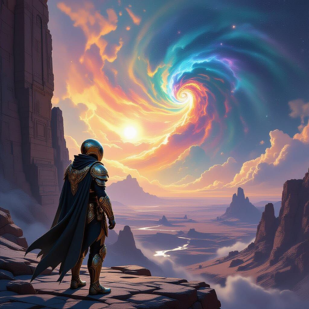 Astronaut Explorer Overlooks Cosmic Nebula from Ancient Ruin