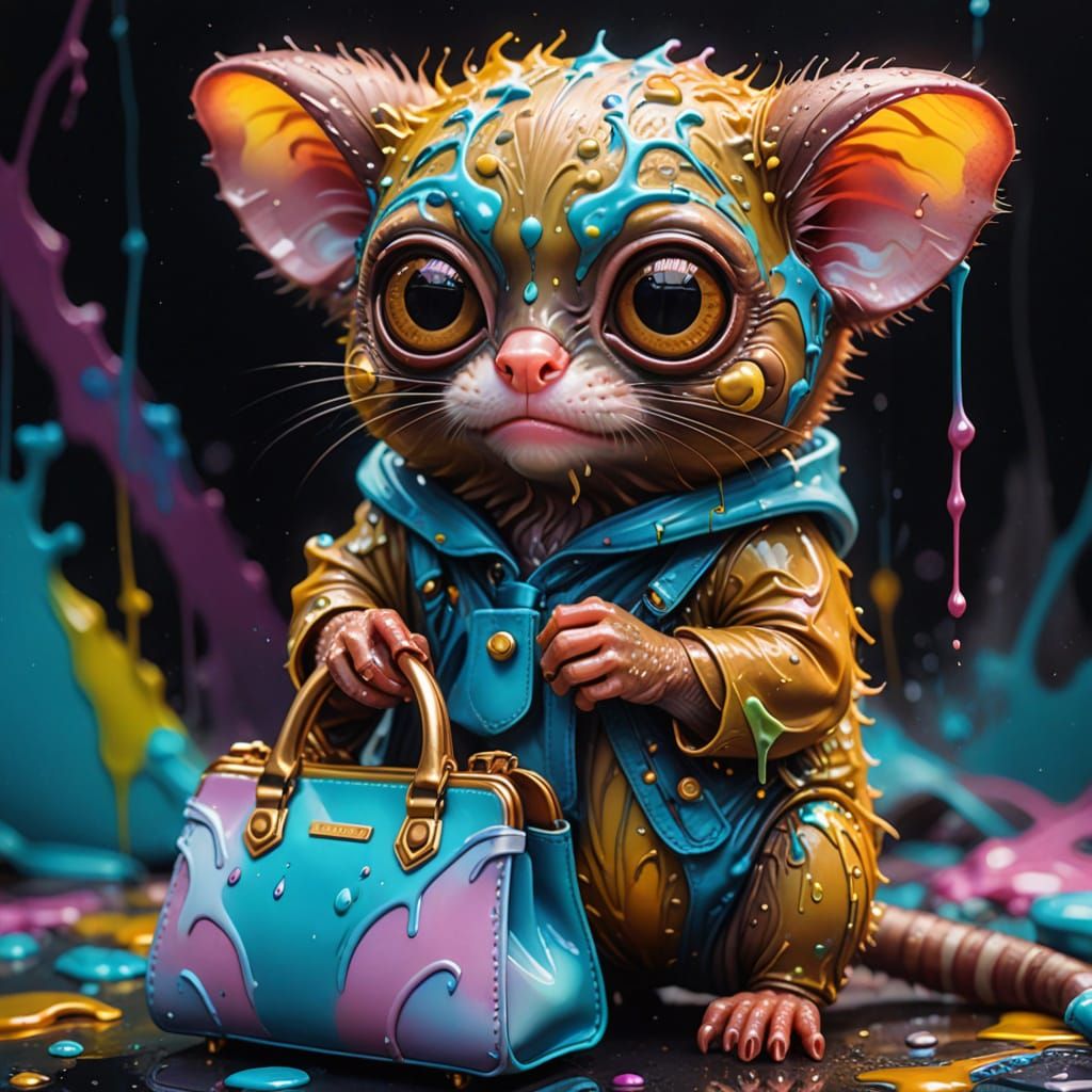 Surreal Tarsier Carries Colorful Handbag in Vibrant Graffiti...