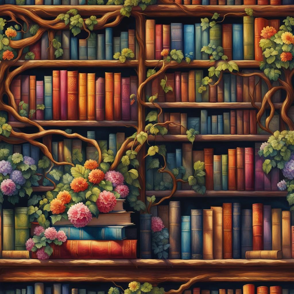 Bookshelf with Flowers: Watercolor on Silk Style