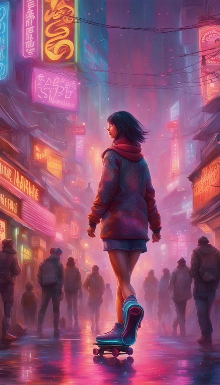 Anime Woman Skating in Neon Cyberpunk City