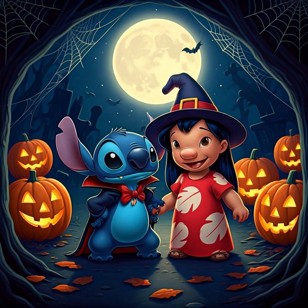 Lilo and Stitch Halloween in Dreamlike Illustration Style