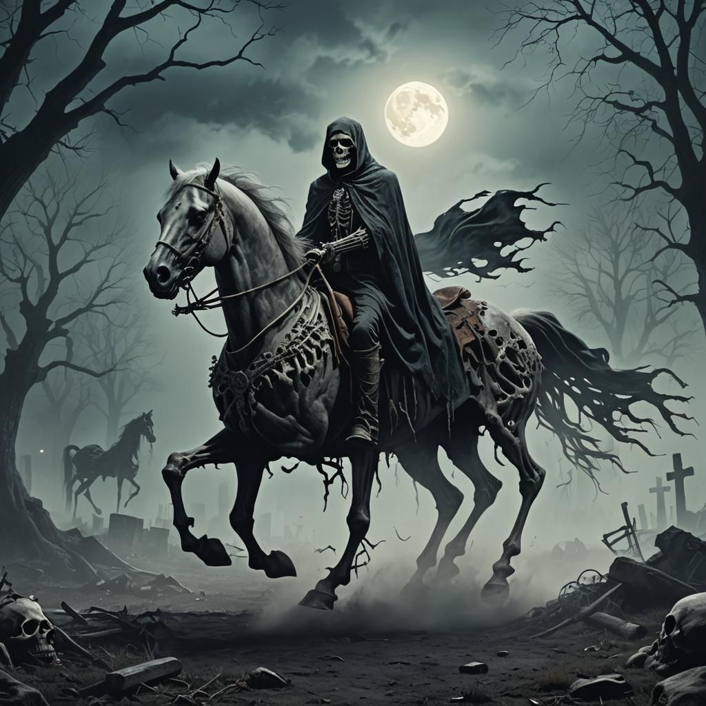 Ghost Rider on Skeleton Horse in Misty Graveyard