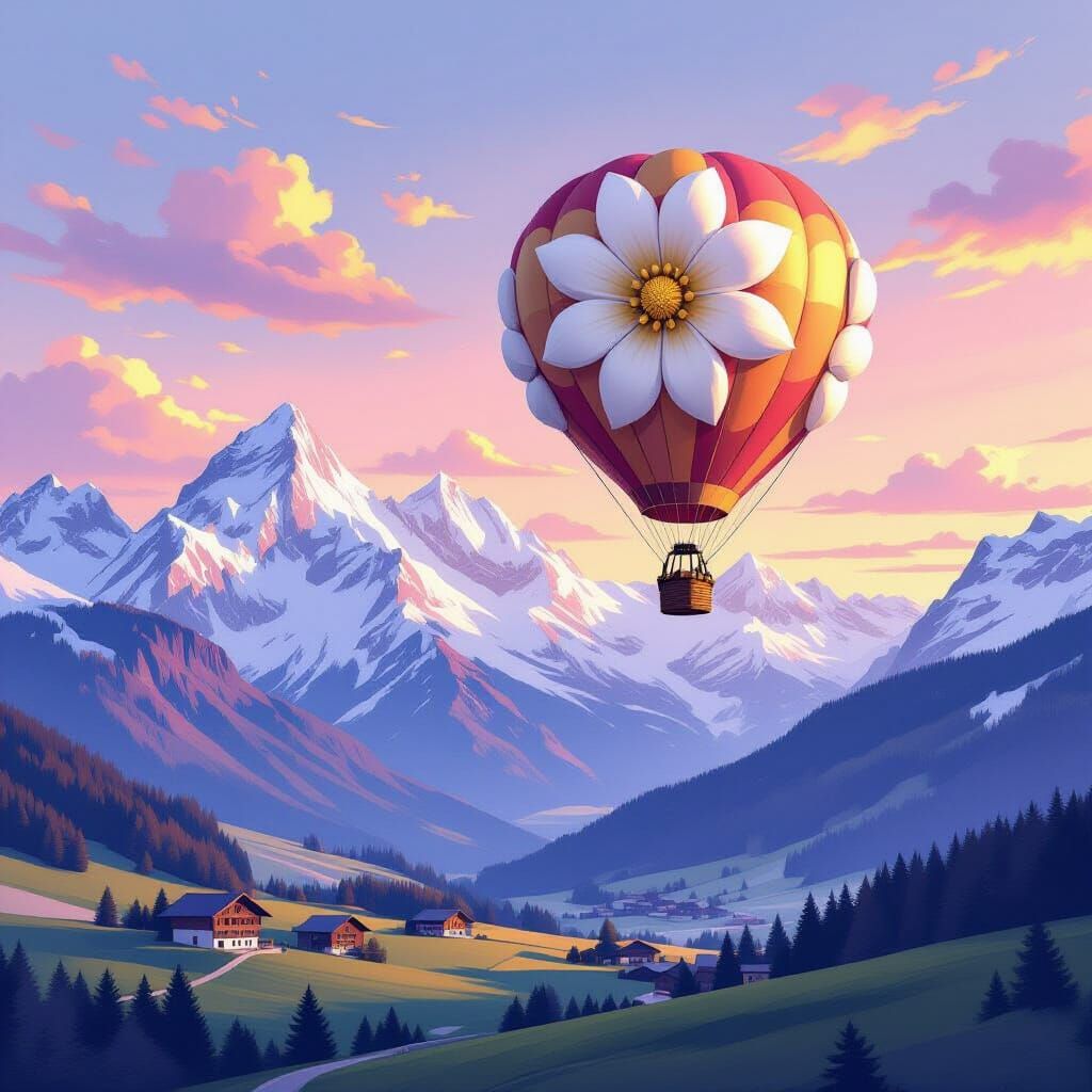 Swiss Alps Panorama at Dawn with Edelweiss Hot Air Balloon