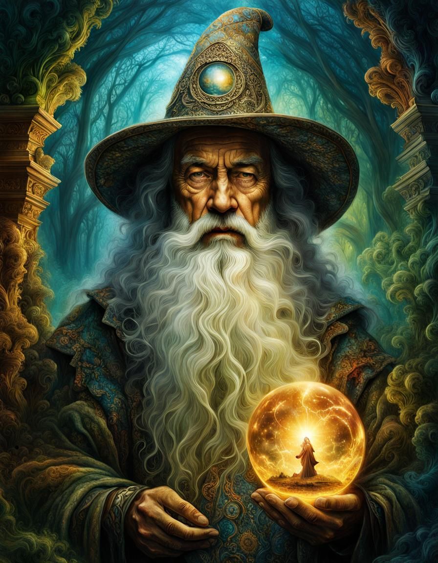 Mystical Wizard Portrait in Iridescent Surrealism Style